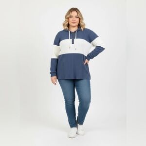 Ribbed Hoodie Henley Top in Blue and White